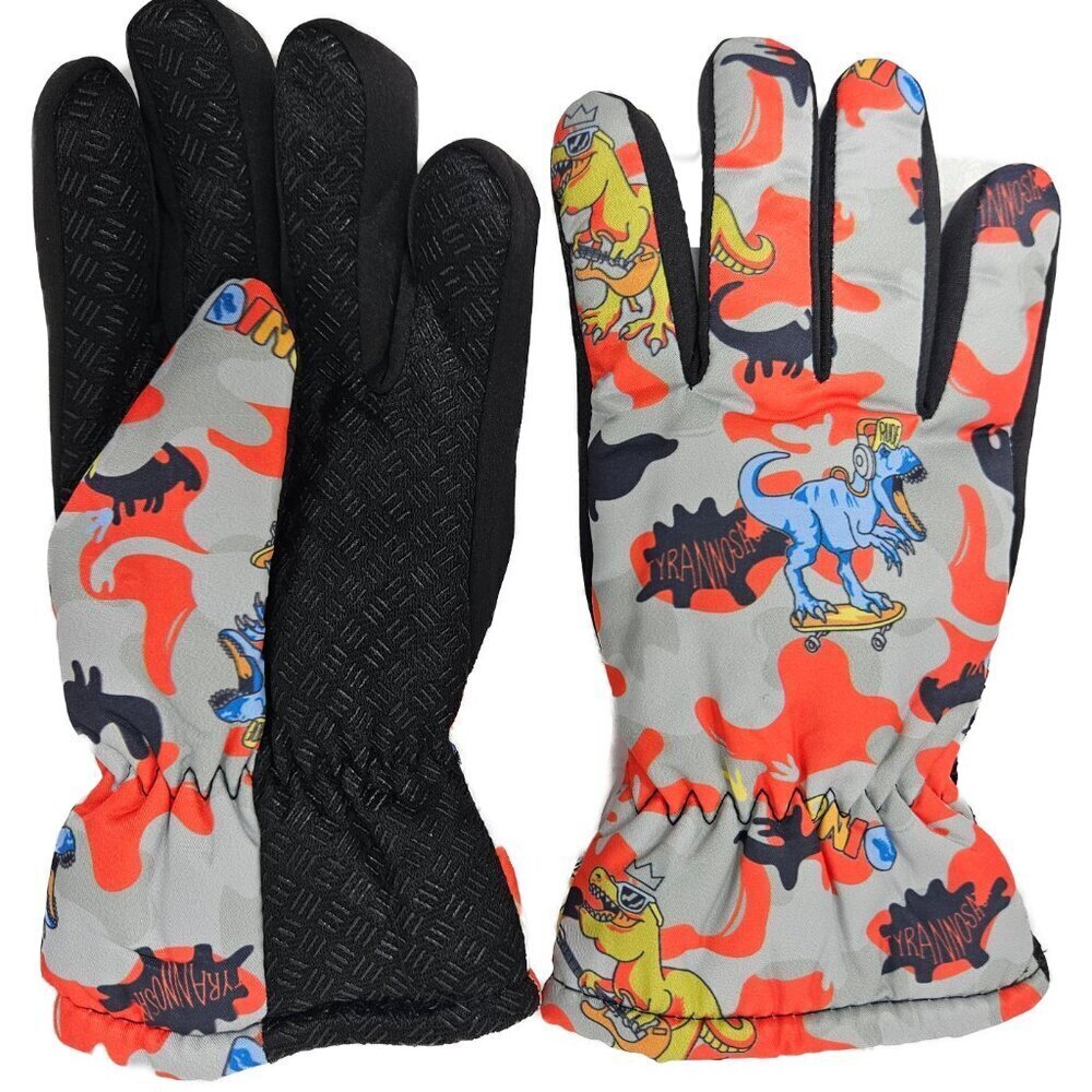 Kids Winter Gloves, Boys Girls Ski Glove,  Faux Fur Lined Dinosaur Designs, Red